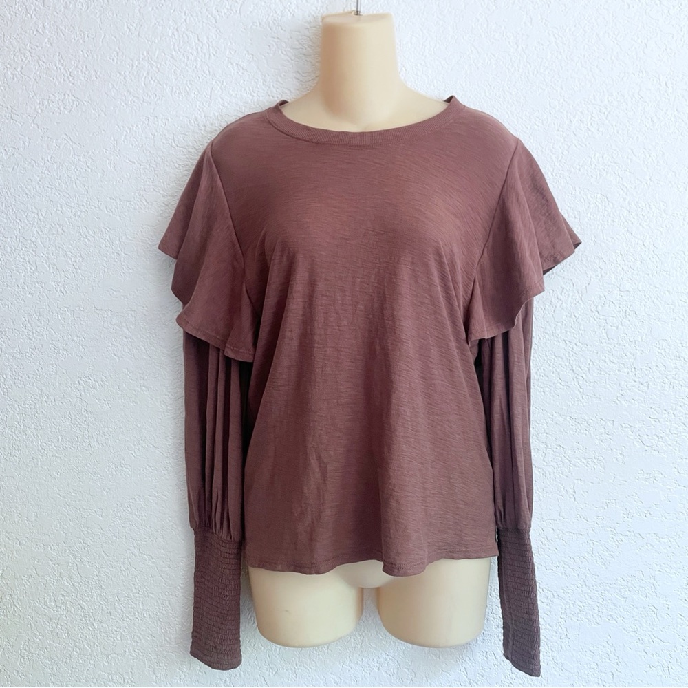 Nation Dusty Pink Purple Flutter Long Sleeve Ruffled Pima Cotton Top Tee MEDIUM